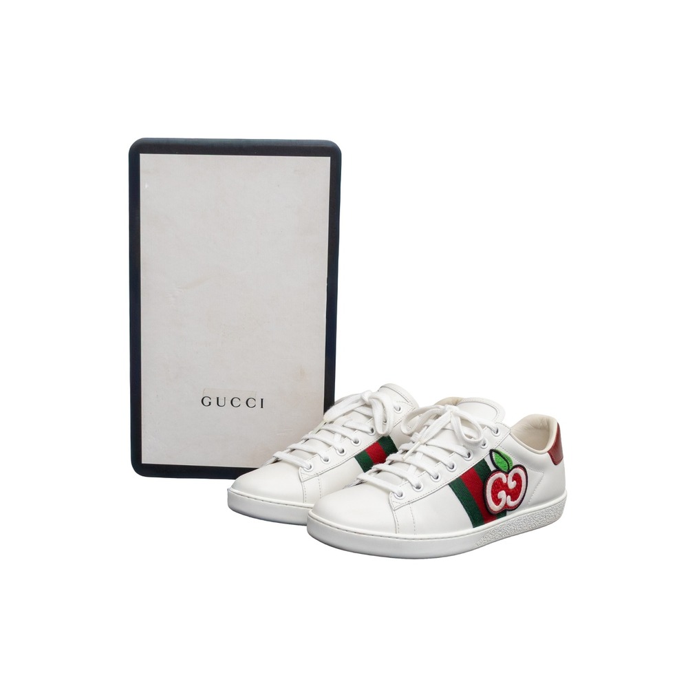 Gucci Ace GG Apple Patch Sneakers White Leather Web Stripe Women's Sz 38 US 7.5